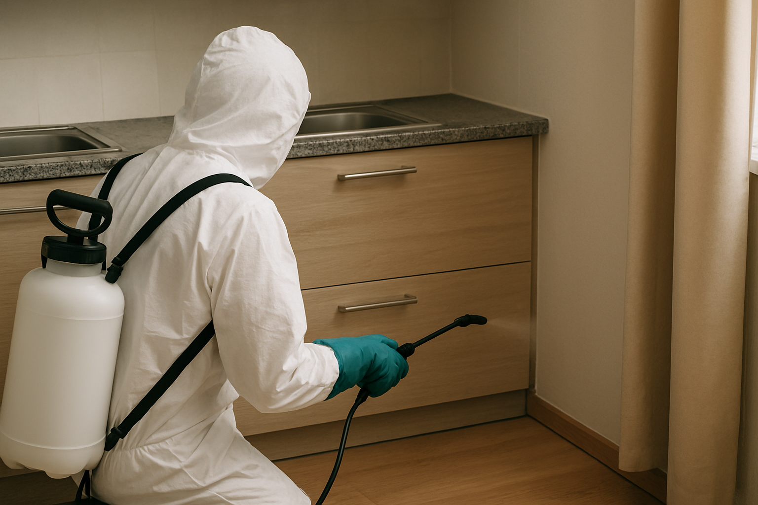 image générée par l'IA pour illustrer un technicien en train de désinfecter un appartement