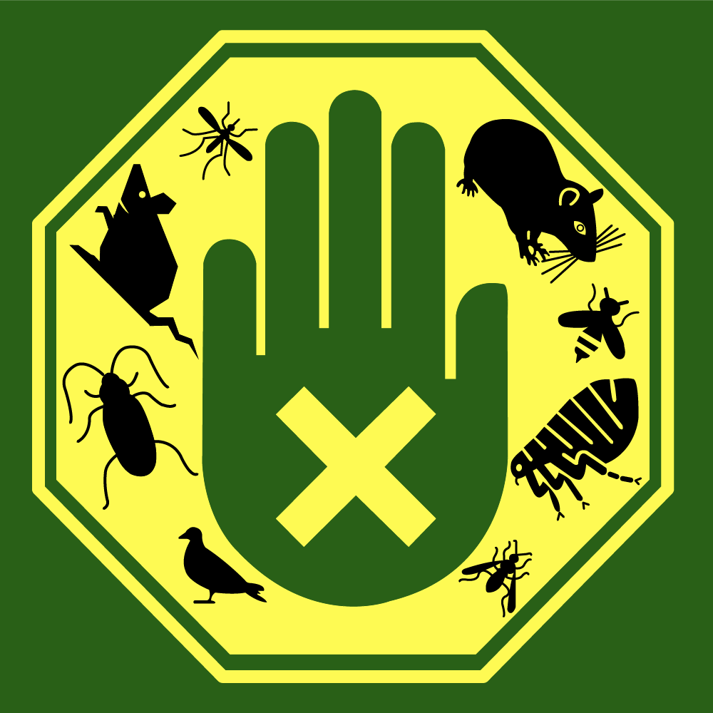 Logo entreprise Deratisenet, main avec croix dans panneau d'attention avec les nuisibles autours